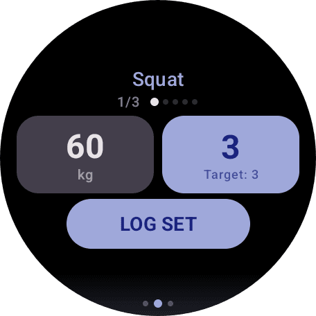 App Wear OS mostrando registro de séries para Agachamento