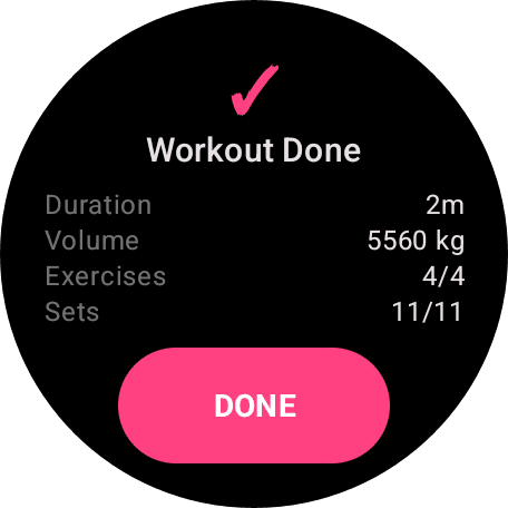 App Wear OS mostrando resumo do treino com estatísticas